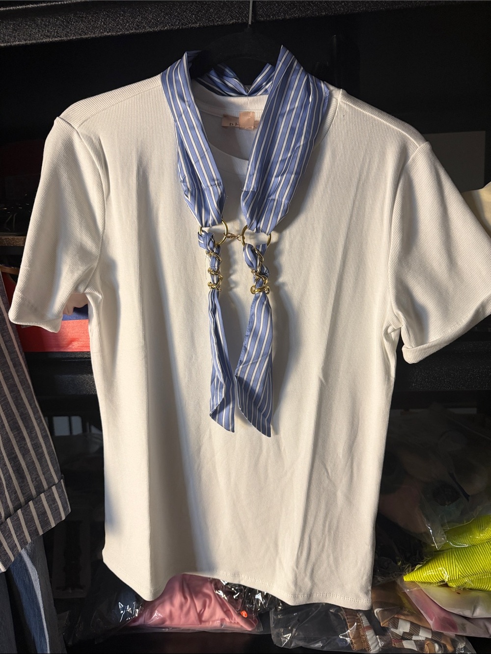 Philosophy White Short-Sleeve Tee with Blue Striped Scarf Detail